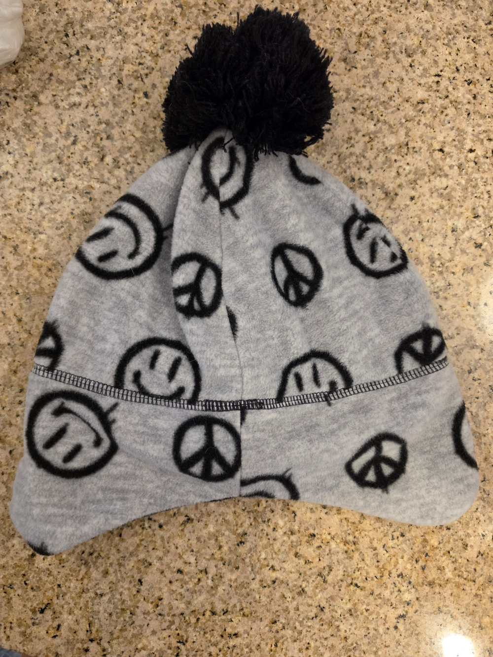 NEW Kate Quinn Vintage Gray Pom-Pom Beanie w/ Black Peace Smile Prints Sz 9.5" W
